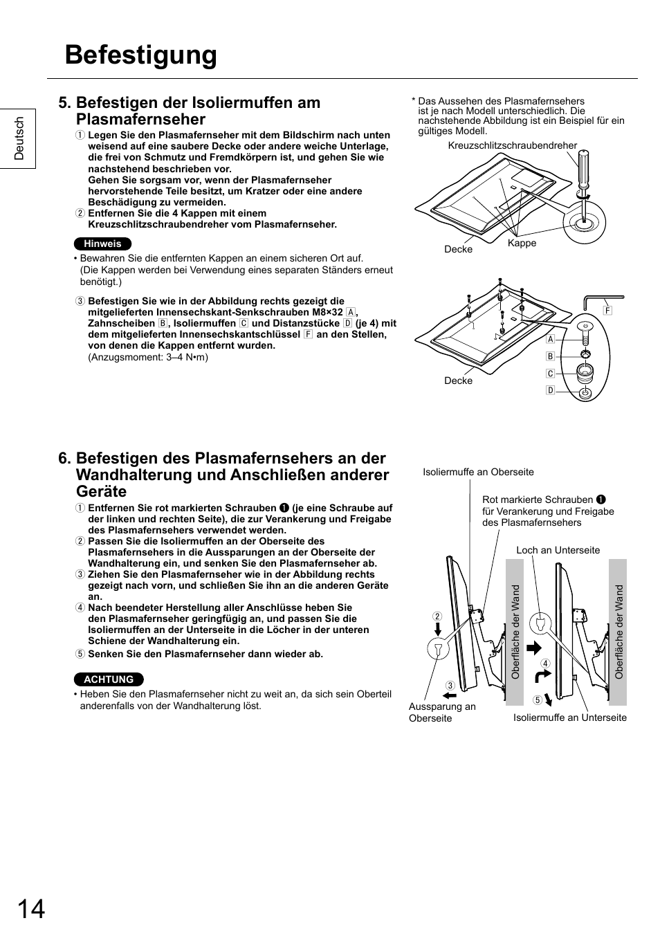 Befestigung, Befestigen der isoliermuffen am plasmafernseher | Panasonic TYWK5P1RW User Manual | Page 14 / 90