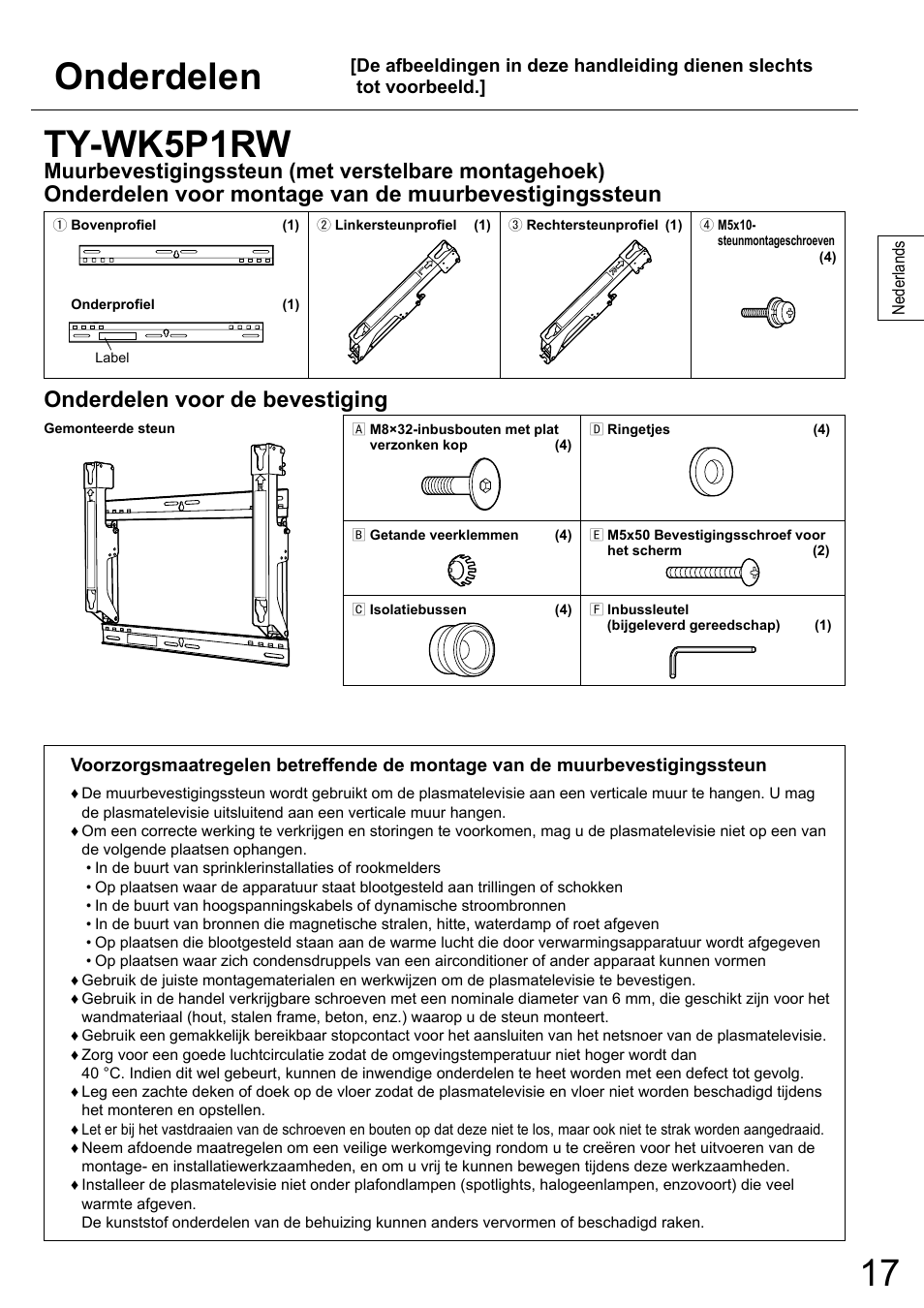 Onderdelen, Ty-wk5p1rw, Onderdelen voor de bevestiging | Panasonic TYWK5P1RW User Manual | Page 17 / 90