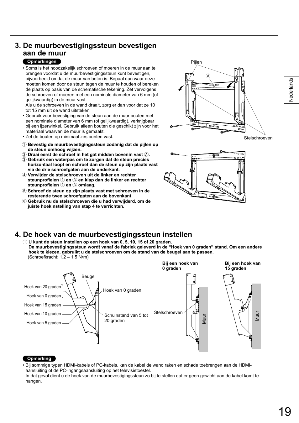 De muurbevestigingssteun bevestigen aan de muur, De hoek van de muurbevestigingssteun instellen | Panasonic TYWK5P1RW User Manual | Page 19 / 90