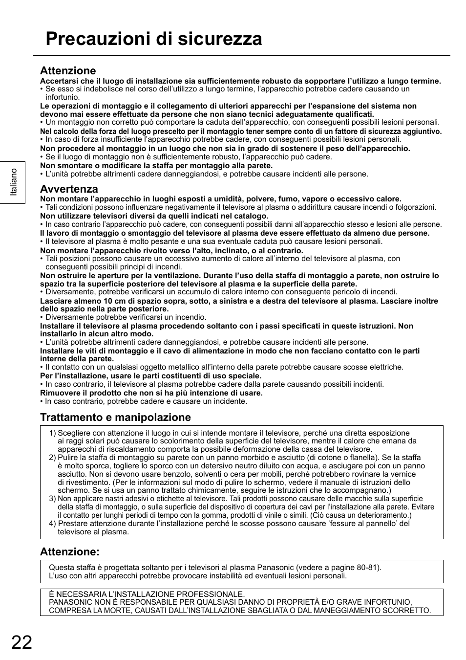 Precauzioni di sicurezza, Attenzione, Avvertenza | Trattamento e manipolazione | Panasonic TYWK5P1RW User Manual | Page 22 / 90