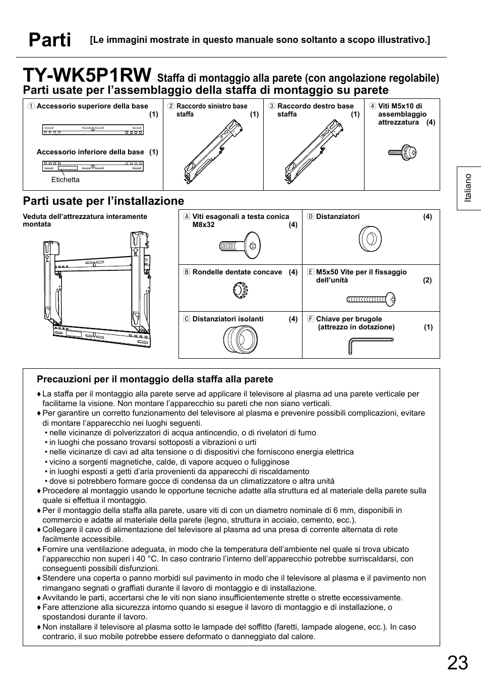 Parti, Ty-wk5p1rw, Parti usate per l’installazione | Panasonic TYWK5P1RW User Manual | Page 23 / 90