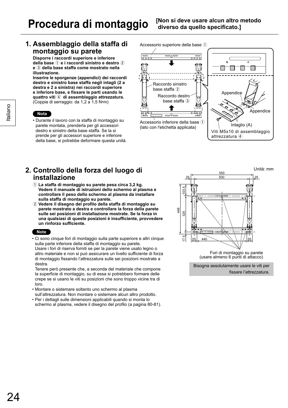 Procedura di montaggio, Assemblaggio della staffa di montaggio su parete, Controllo della forza del luogo di installazione | Panasonic TYWK5P1RW User Manual | Page 24 / 90