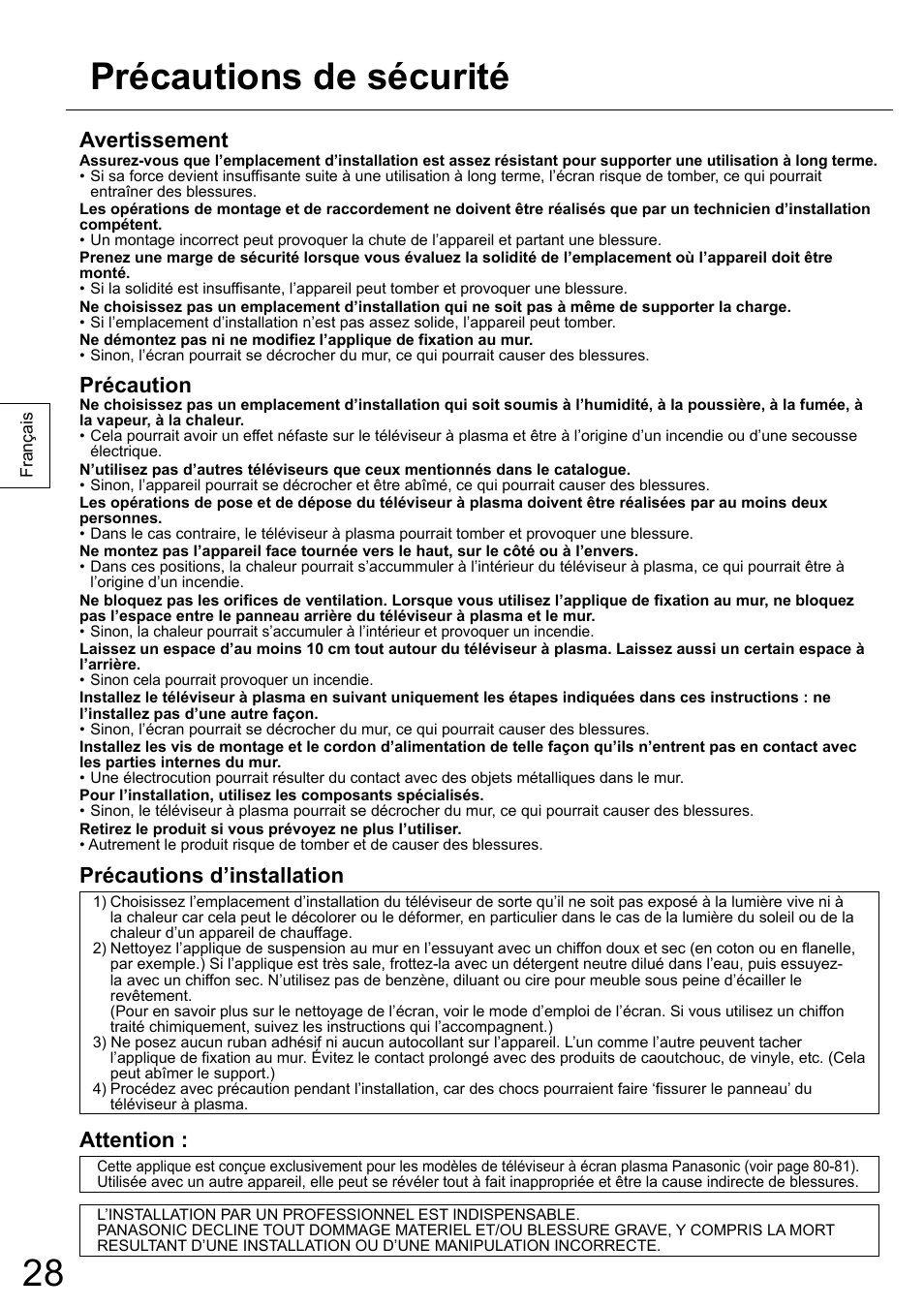 Précautions de sécurité, Avertissement, Précaution | Précautions d’installation, Attention | Panasonic TYWK5P1RW User Manual | Page 28 / 90