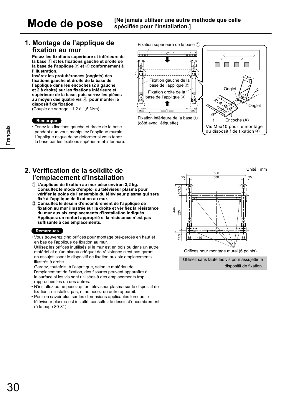 Mode de pose, Montage de l’applique de fixation au mur | Panasonic TYWK5P1RW User Manual | Page 30 / 90