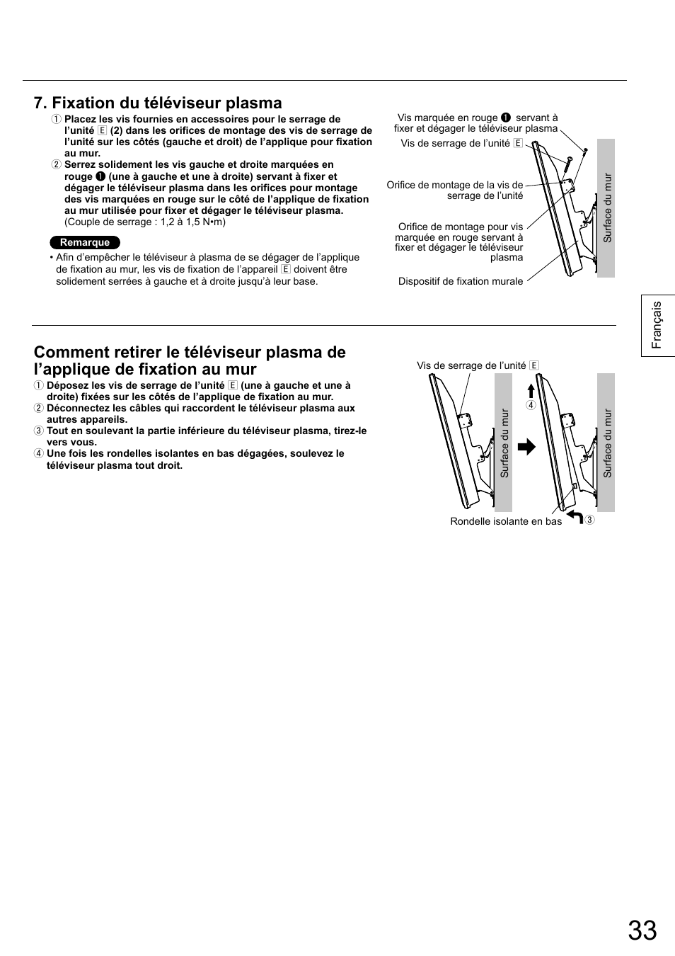 Fixation du téléviseur plasma | Panasonic TYWK5P1RW User Manual | Page 33 / 90