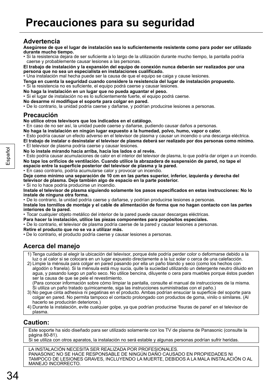 Precauciones para su seguridad, Advertencia, Precaución | Acerca del manejo, Caution | Panasonic TYWK5P1RW User Manual | Page 34 / 90