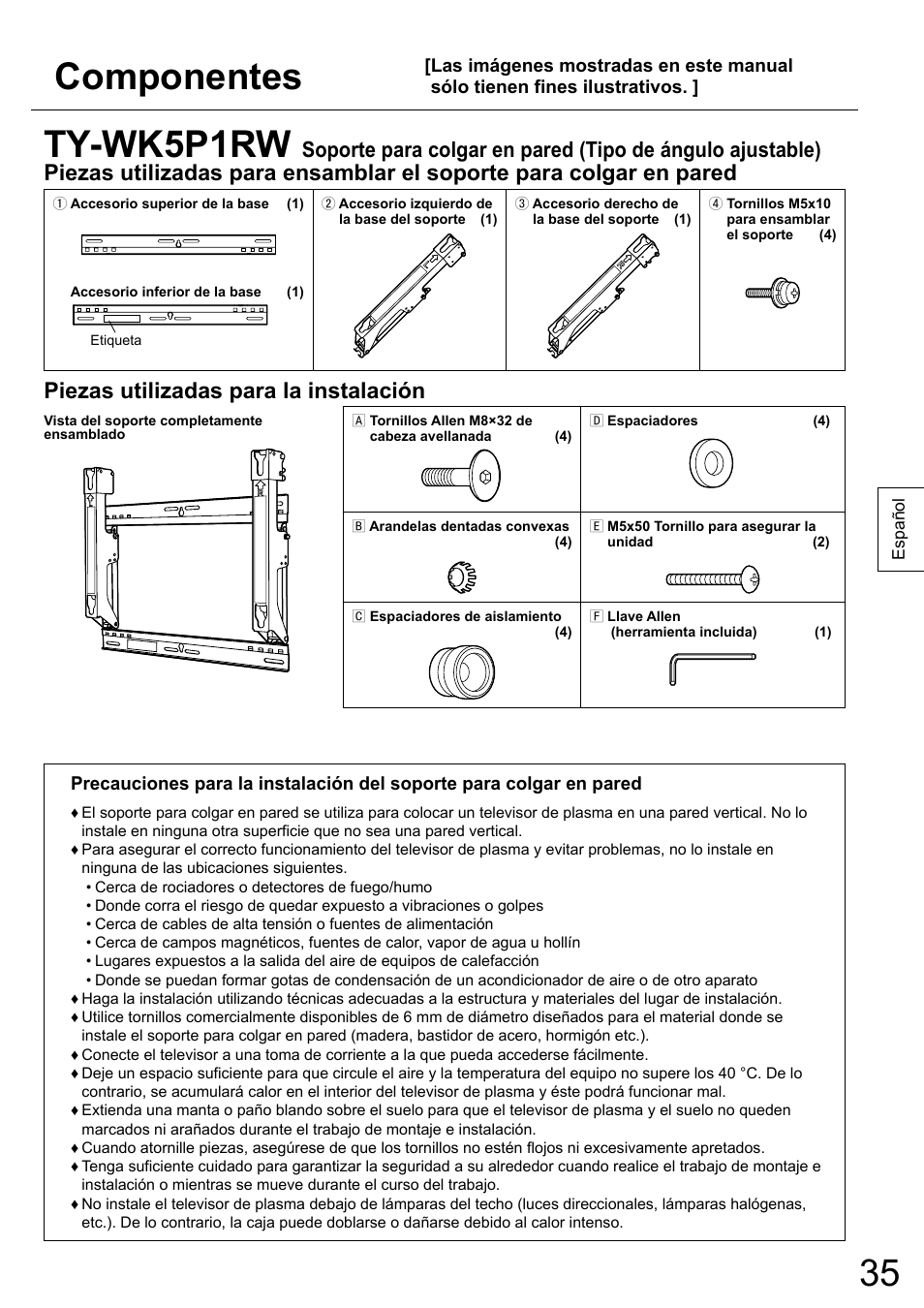 Componentes, Ty-wk5p1rw, Piezas utilizadas para la instalación | Panasonic TYWK5P1RW User Manual | Page 35 / 90