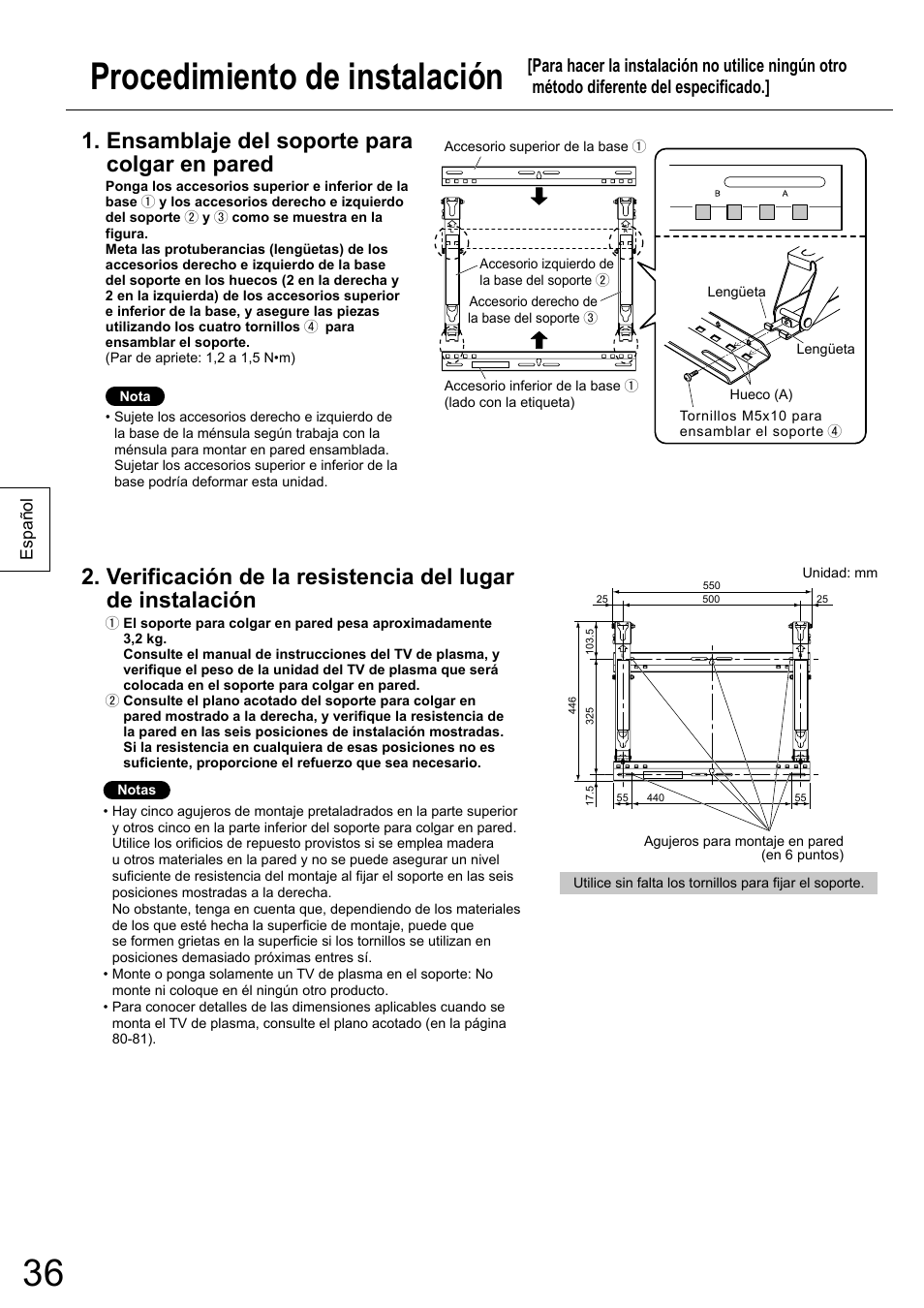 Procedimiento de instalación, Ensamblaje del soporte para colgar en pared | Panasonic TYWK5P1RW User Manual | Page 36 / 90