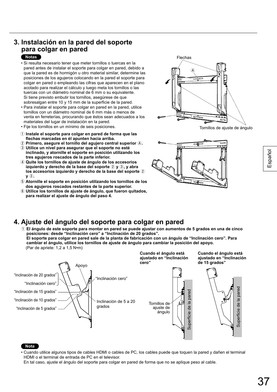 Ajuste del ángulo del soporte para colgar en pared | Panasonic TYWK5P1RW User Manual | Page 37 / 90