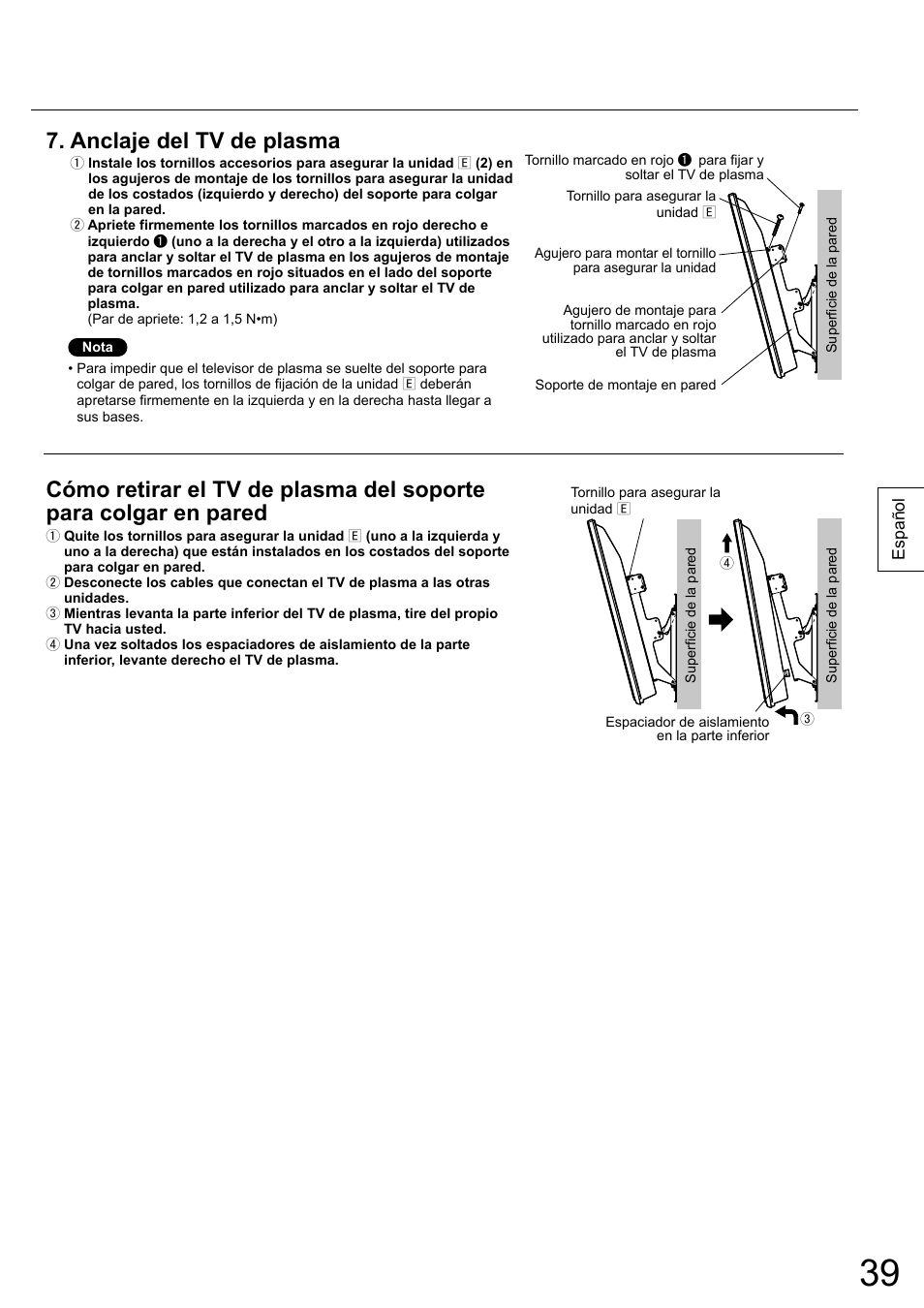 Anclaje del tv de plasma | Panasonic TYWK5P1RW User Manual | Page 39 / 90