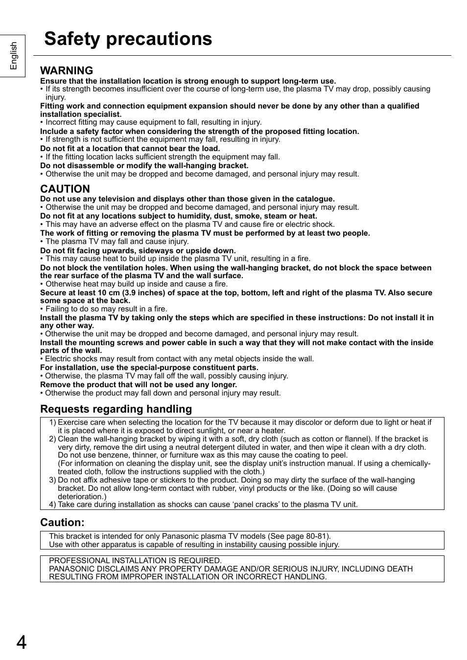 Safety precautions 4, Warning, Caution | Requests regarding handling | Panasonic TYWK5P1RW User Manual | Page 4 / 90