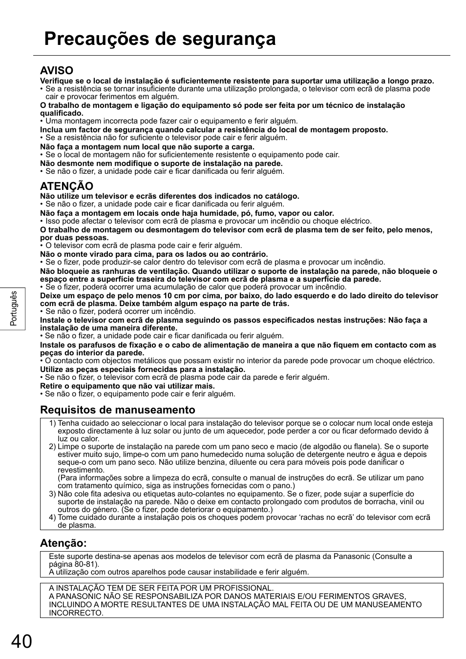 Precauções de segurança, Aviso, Atenção | Requisitos de manuseamento | Panasonic TYWK5P1RW User Manual | Page 40 / 90