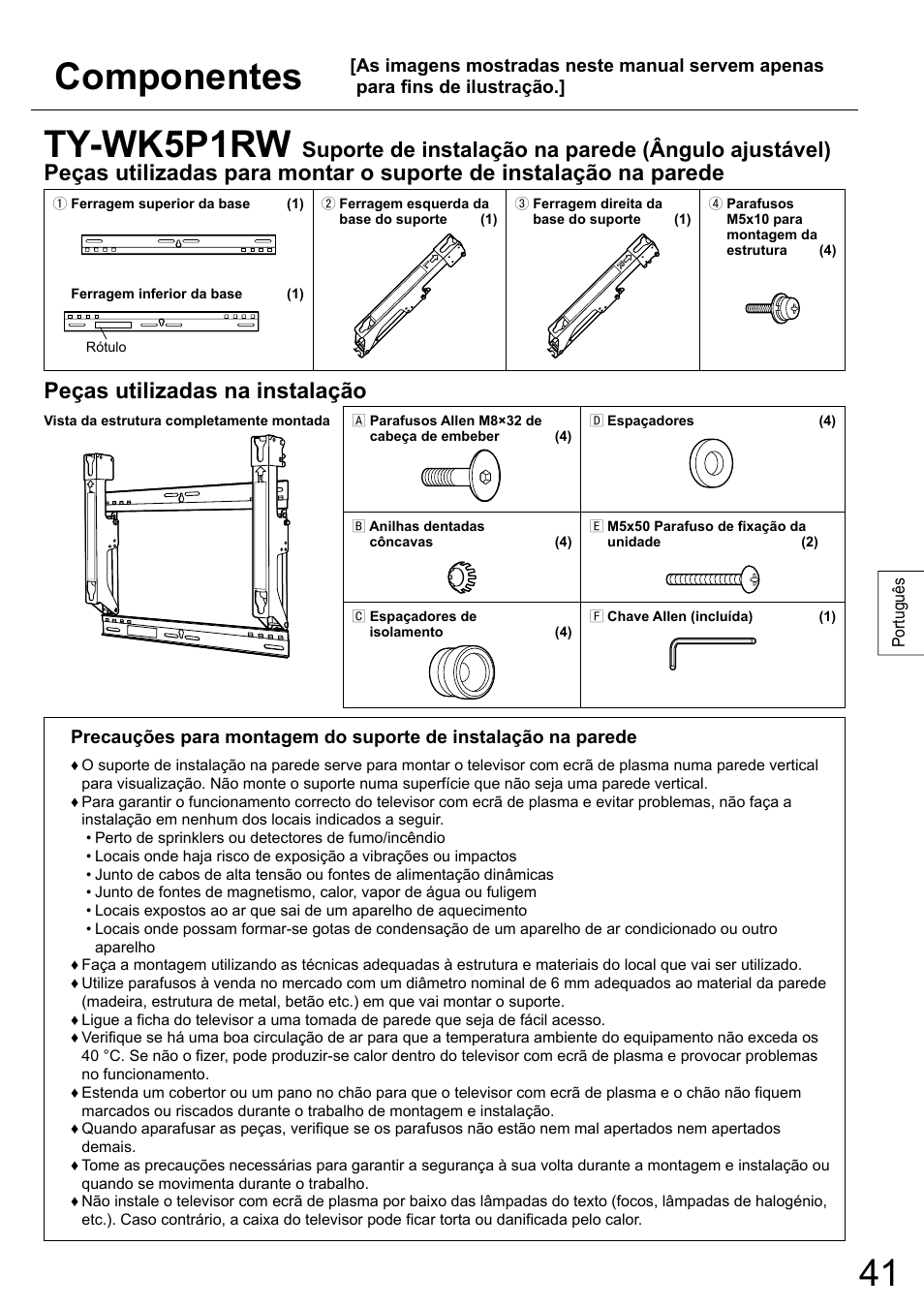 Ty-wk5p1rw, Componentes, Peças utilizadas na instalação | Suporte de instalação na parede (ângulo ajustável) | Panasonic TYWK5P1RW User Manual | Page 41 / 90