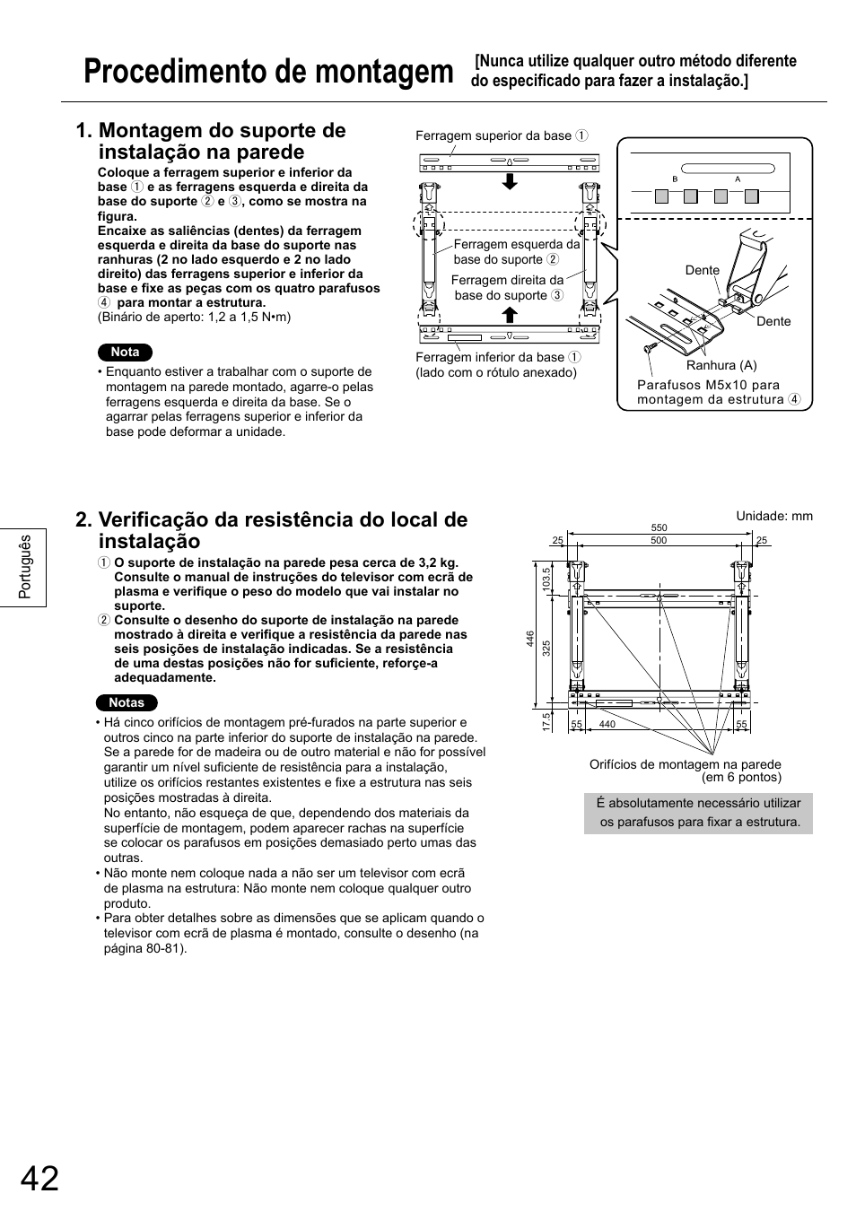 Procedimento de montagem, Montagem do suporte de instalação na parede, Verificação da resistência do local de instalação | Panasonic TYWK5P1RW User Manual | Page 42 / 90