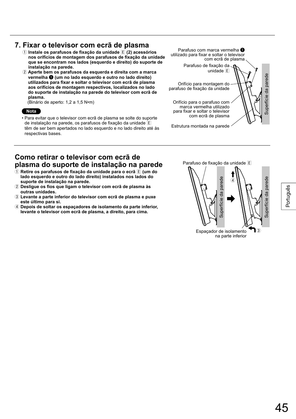 Fixar o televisor com ecrã de plasma | Panasonic TYWK5P1RW User Manual | Page 45 / 90