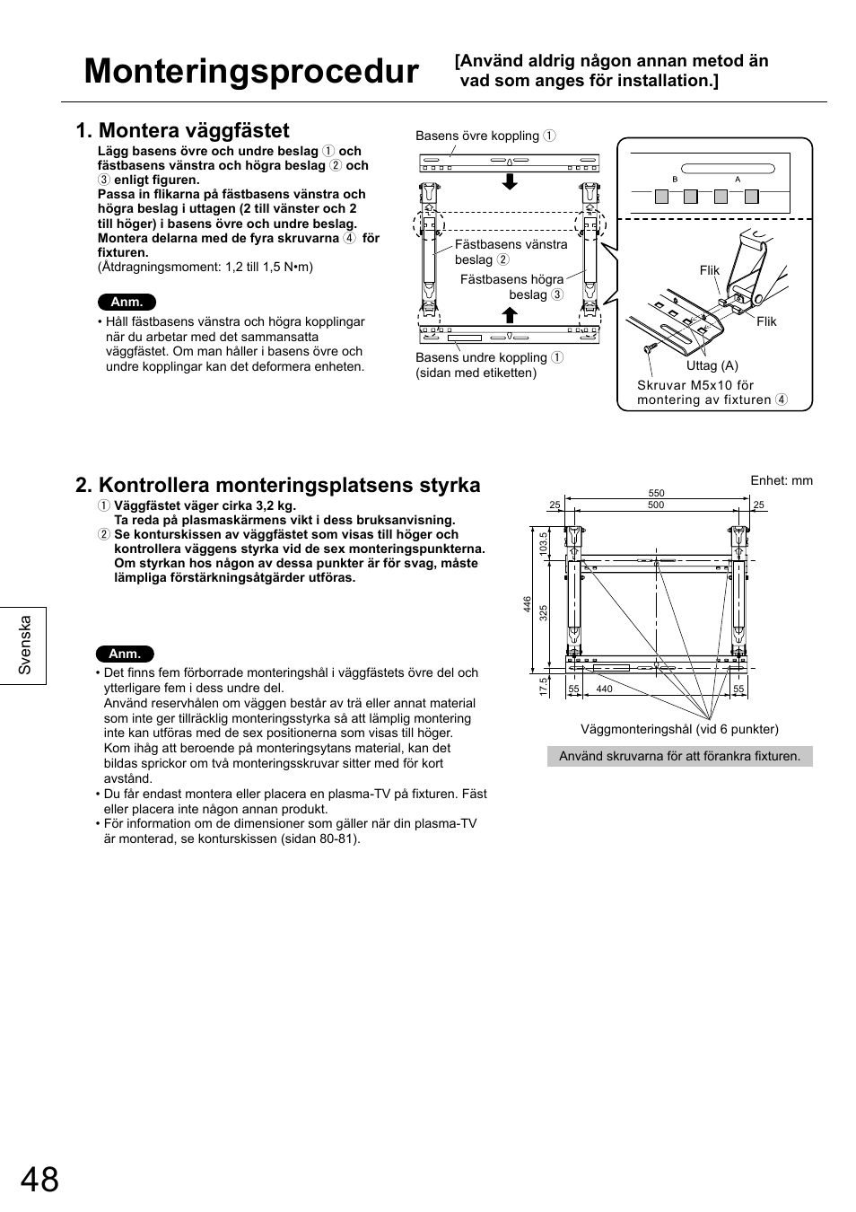 Monteringsprocedur, Montera väggfästet, Kontrollera monteringsplatsens styrka | Panasonic TYWK5P1RW User Manual | Page 48 / 90