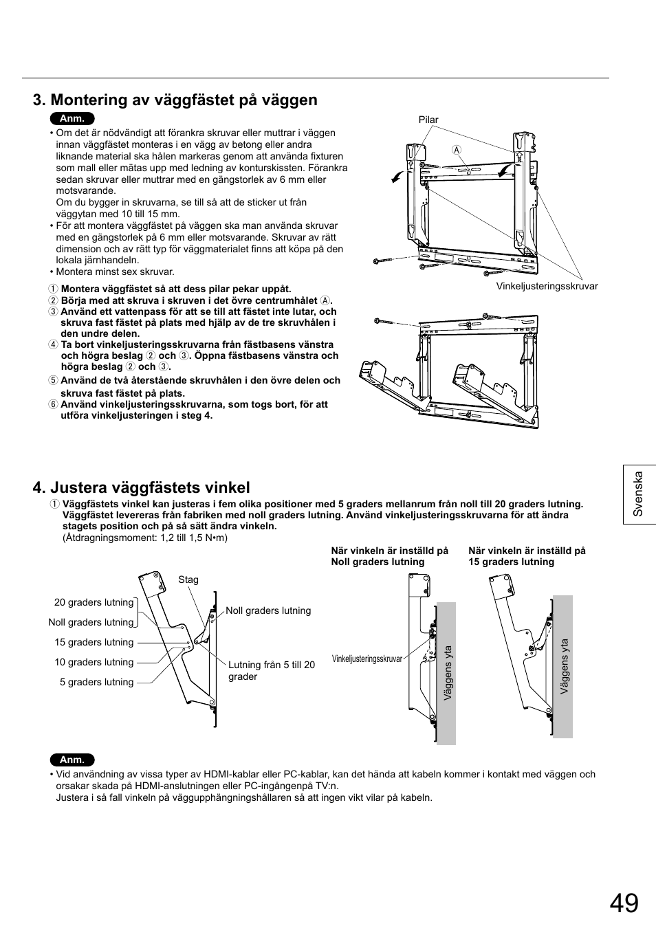 Montering av väggfästet på väggen, Justera väggfästets vinkel | Panasonic TYWK5P1RW User Manual | Page 49 / 90