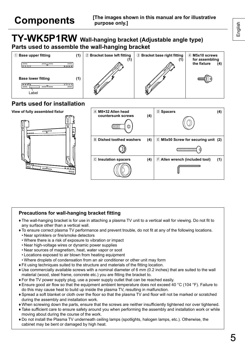 5ty-wk5p1rw, Components, Parts used to assemble the wall-hanging bracket | Parts used for installation, Wall-hanging bracket (adjustable angle type) | Panasonic TYWK5P1RW User Manual | Page 5 / 90