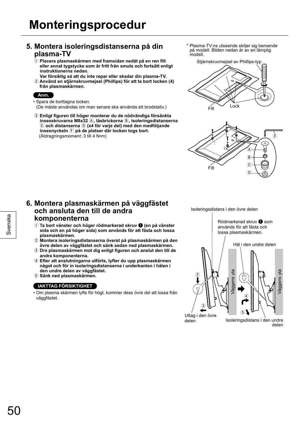 Monteringsprocedur, Montera isoleringsdistanserna på din plasma-tv | Panasonic TYWK5P1RW User Manual | Page 50 / 90