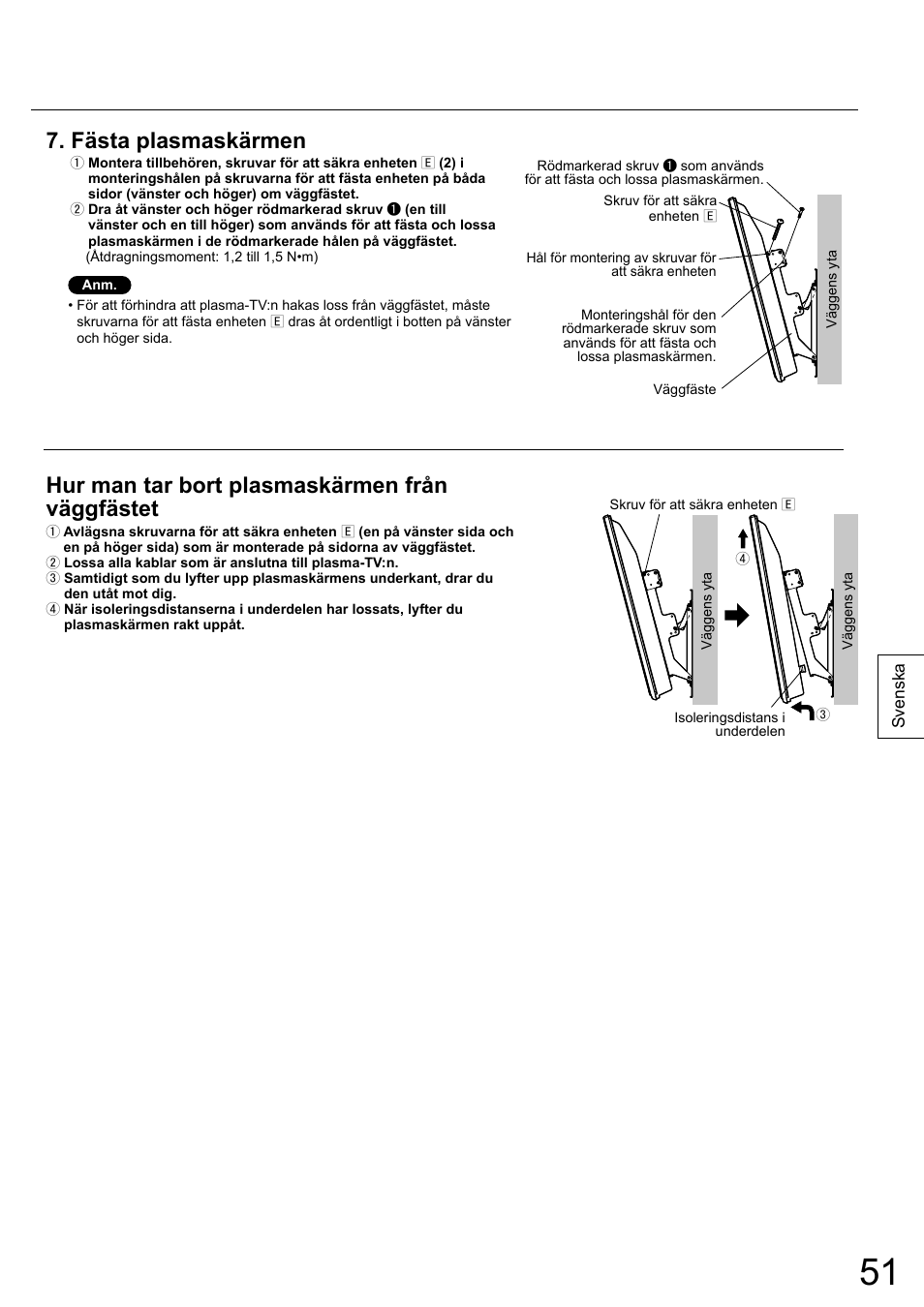 Fästa plasmaskärmen, Hur man tar bort plasmaskärmen från väggfästet | Panasonic TYWK5P1RW User Manual | Page 51 / 90