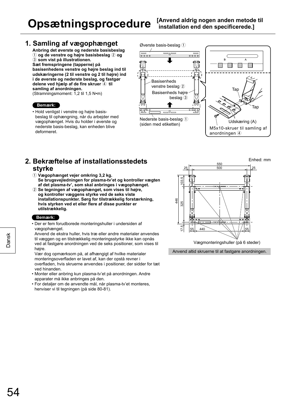 Opsætningsprocedure, Samling af vægophænget, Bekræftelse af installationsstedets styrke | Panasonic TYWK5P1RW User Manual | Page 54 / 90