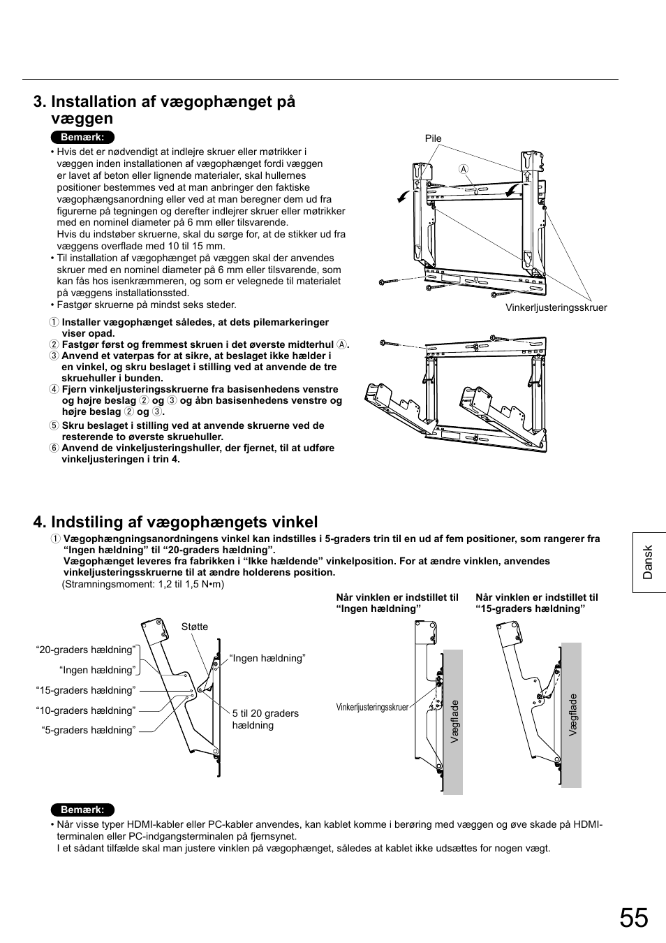 Installation af vægophænget på væggen, Indstiling af vægophængets vinkel | Panasonic TYWK5P1RW User Manual | Page 55 / 90