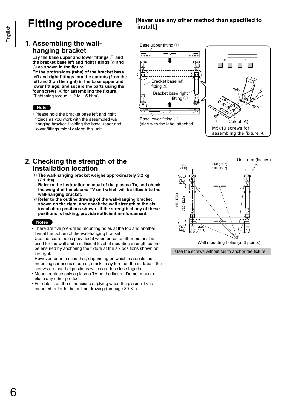 Fitting procedure, Assembling the wall- hanging bracket, Checking the strength of the installation location | Panasonic TYWK5P1RW User Manual | Page 6 / 90