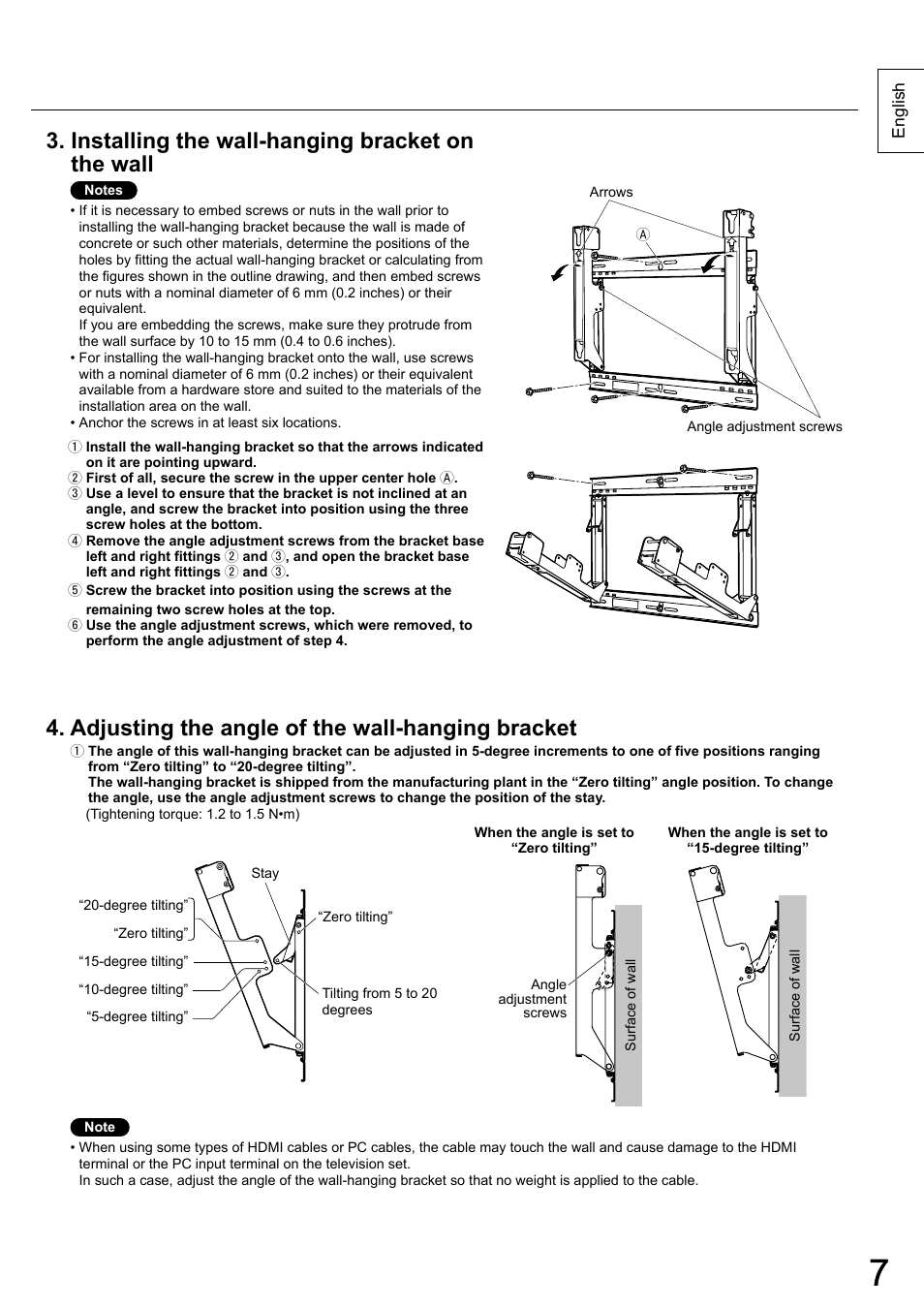 Installing the wall-hanging bracket on the wall, Adjusting the angle of the wall-hanging bracket | Panasonic TYWK5P1RW User Manual | Page 7 / 90