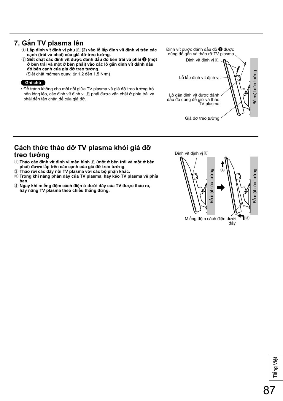 Gắn tv plasma lên, Cách thức tháo dỡ tv plasma khỏi giá đỡ treo tường | Panasonic TYWK5P1RW User Manual | Page 87 / 90