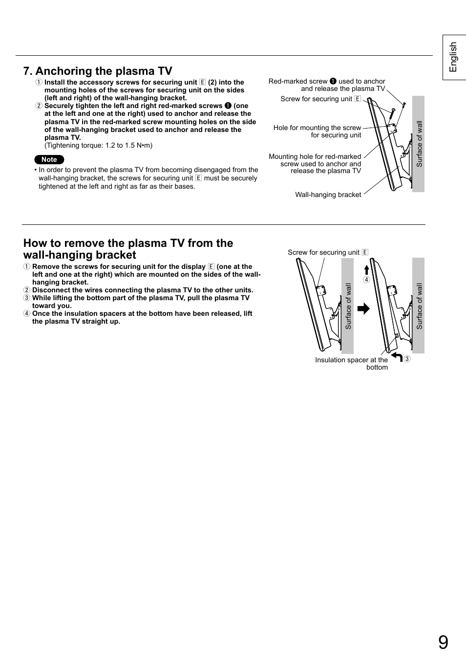 Anchoring the plasma tv, English | Panasonic TYWK5P1RW User Manual | Page 9 / 90