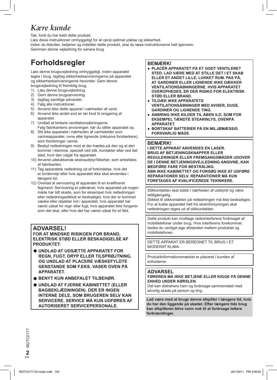 Kære kunde, Forholdsregler, Advarsel | Panasonic DVDLS92EG User Manual | Page 104 / 112