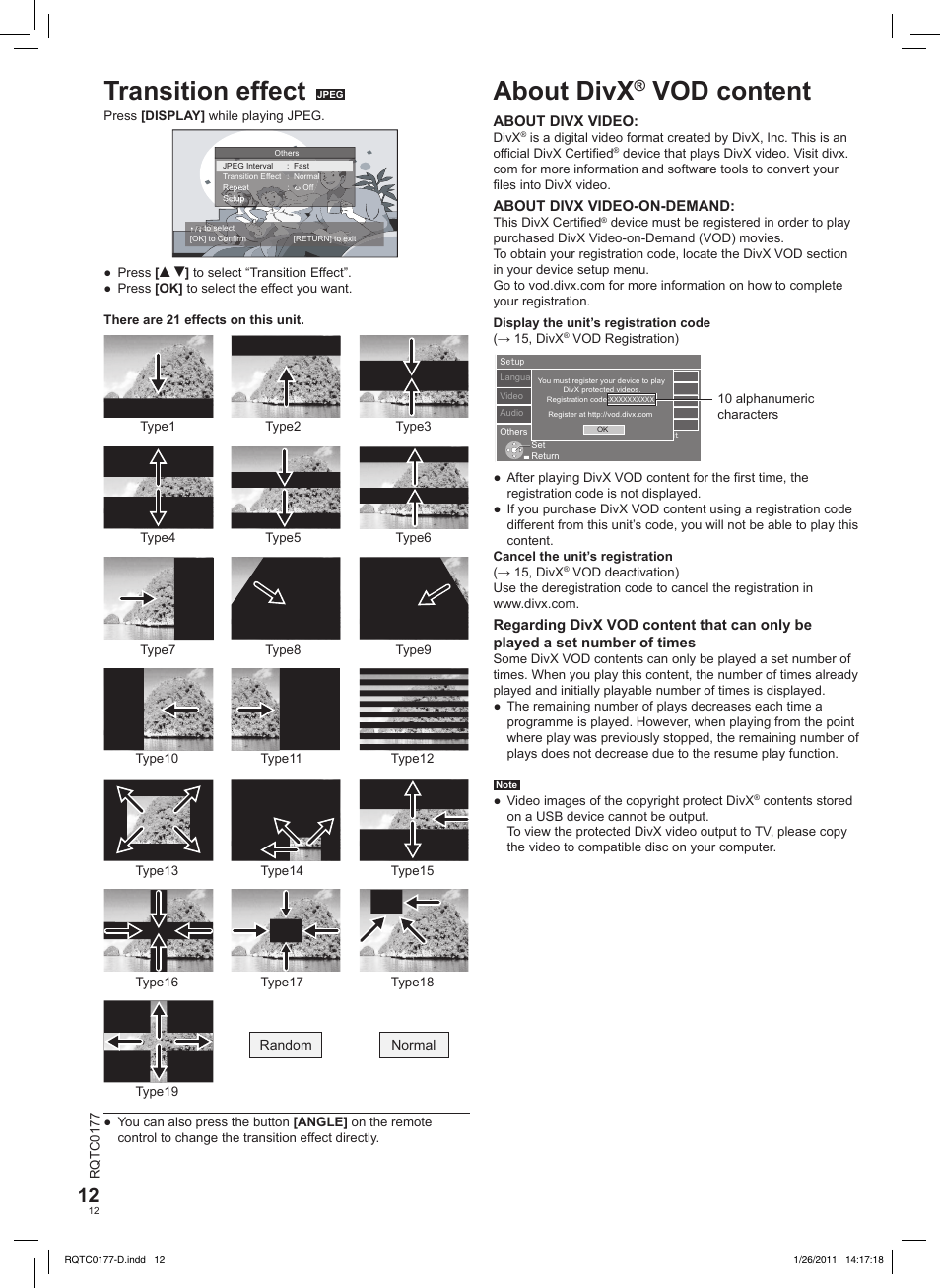 Transition effect, About divx, Vod content | Panasonic DVDLS92EG User Manual | Page 12 / 112