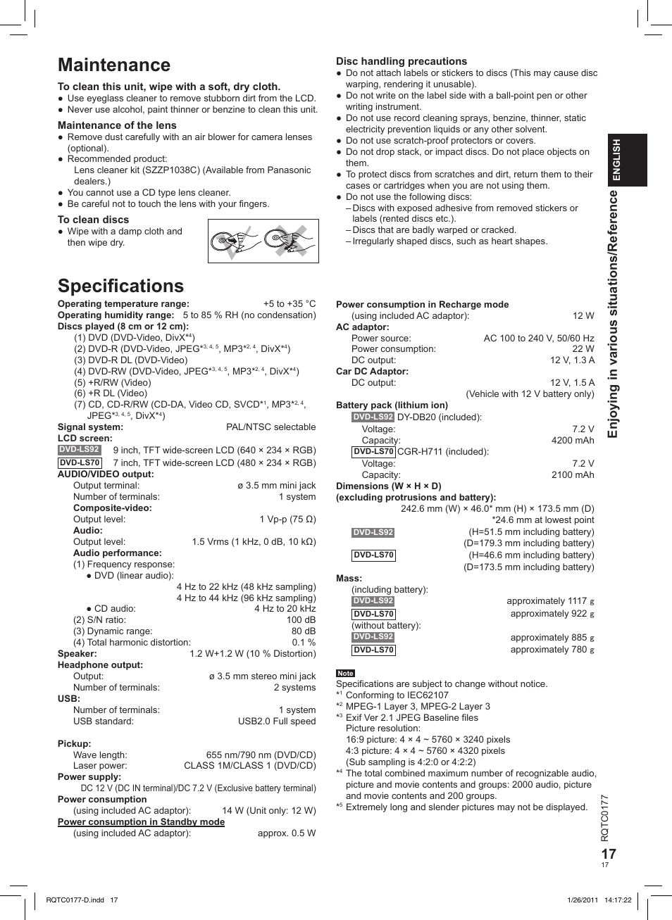 Maintenance, Speciﬁcations, Enjoying in various situations/reference | Panasonic DVDLS92EG User Manual | Page 17 / 112