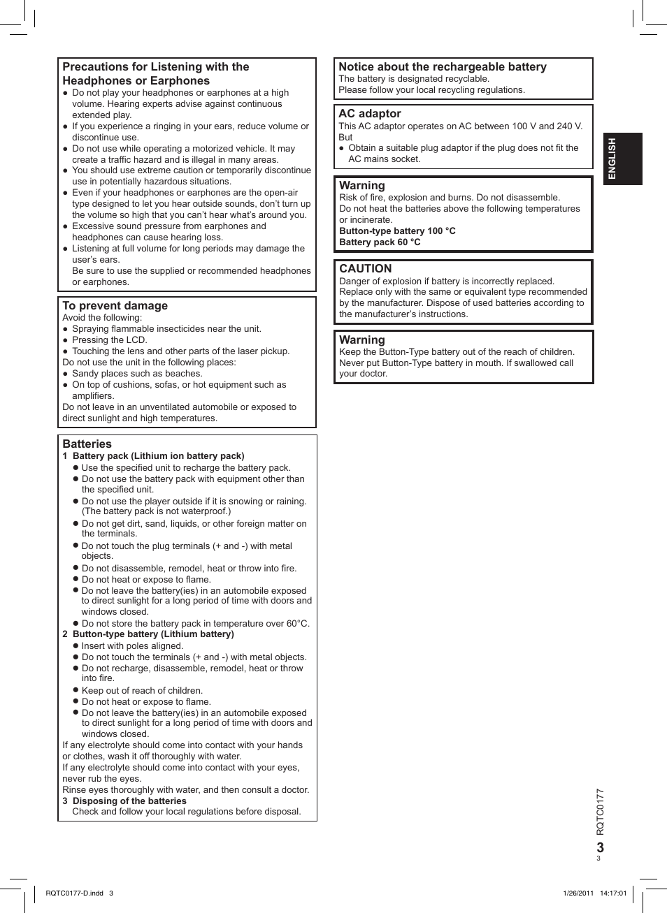 Notice about the rechargeable battery, Ac adaptor, Warning | Caution, Batteries | Panasonic DVDLS92EG User Manual | Page 3 / 112