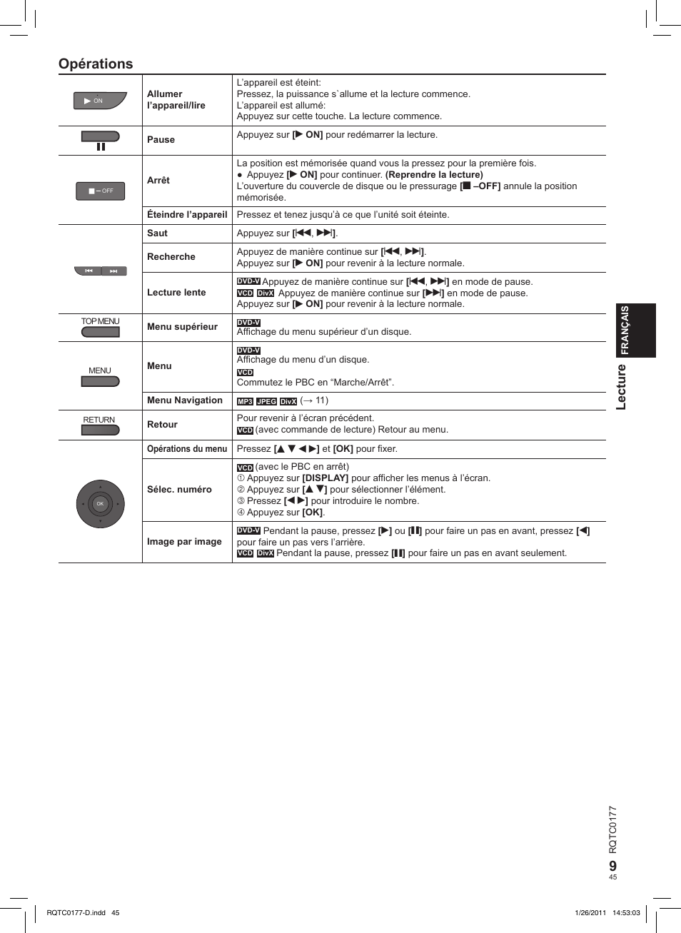 Opérations, Lecture | Panasonic DVDLS92EG User Manual | Page 45 / 112