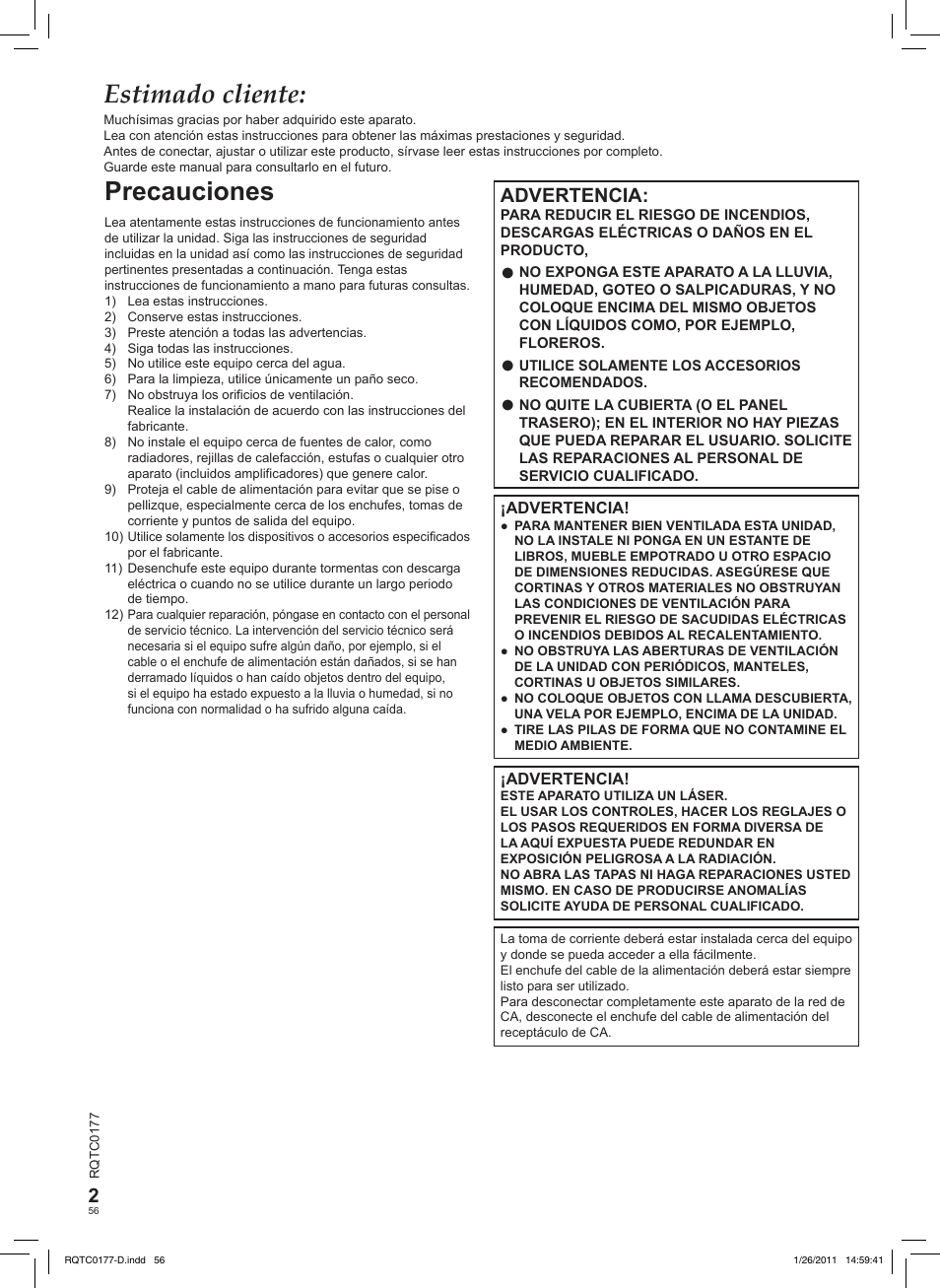 Estimado cliente, Precauciones, Advertencia | Panasonic DVDLS92EG User Manual | Page 56 / 112
