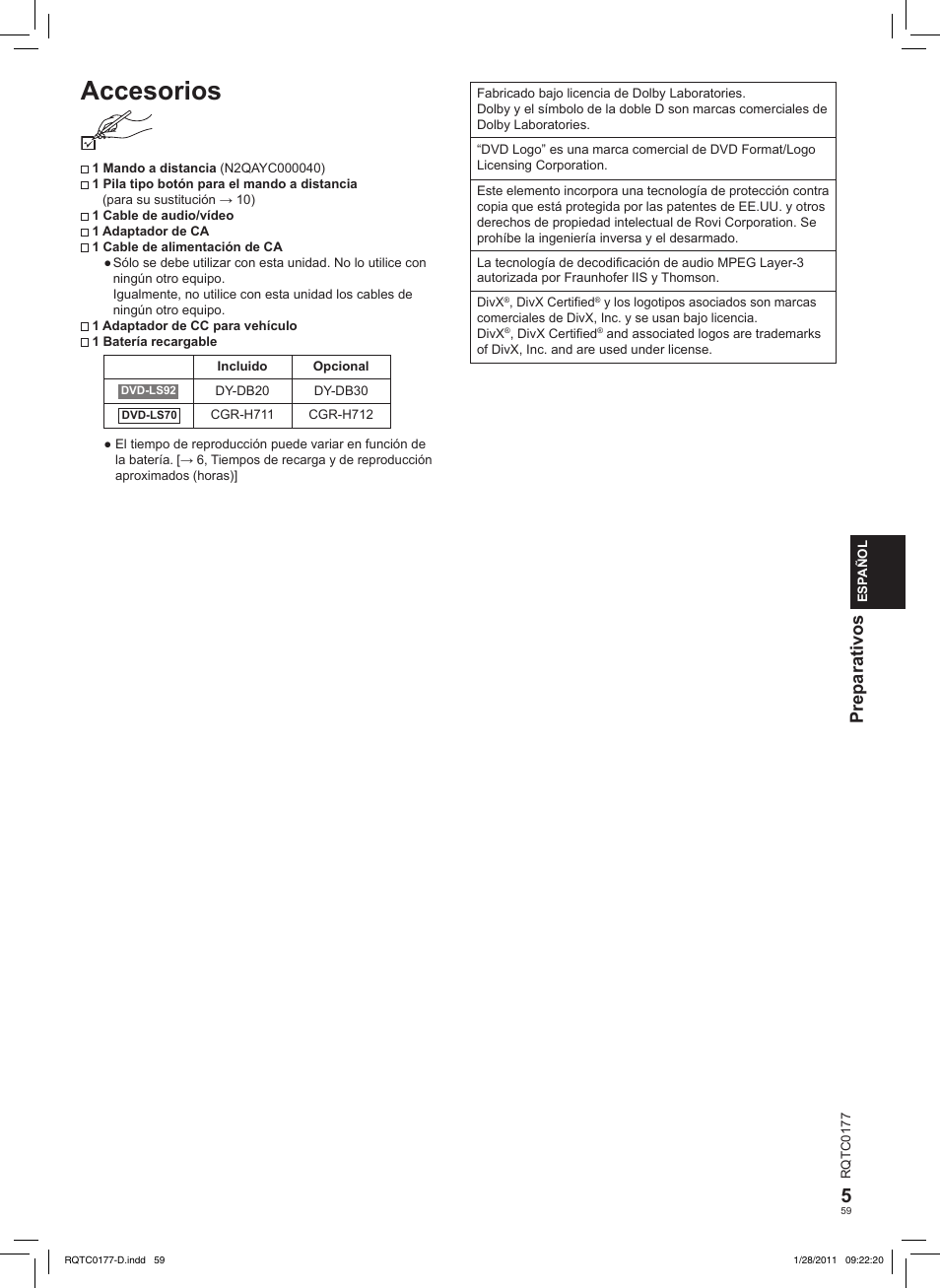 Accesorios, Preparativos | Panasonic DVDLS92EG User Manual | Page 59 / 112