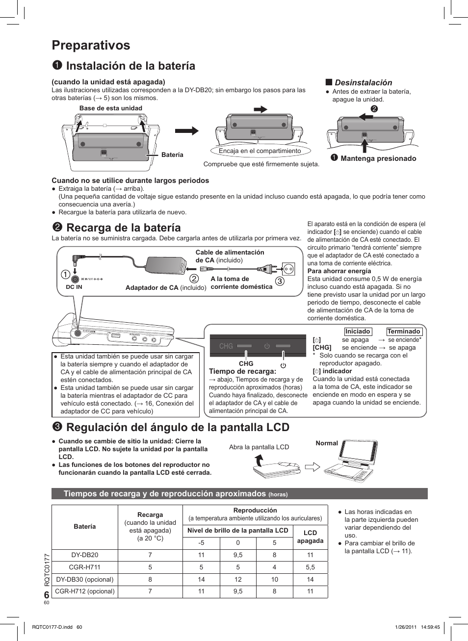 Preparativos, Regulación del ángulo de la pantalla lcd, Instalación de la batería | Recarga de la batería | Panasonic DVDLS92EG User Manual | Page 60 / 112