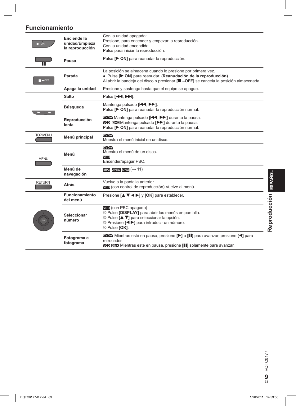 Funcionamiento, Reproducción | Panasonic DVDLS92EG User Manual | Page 63 / 112