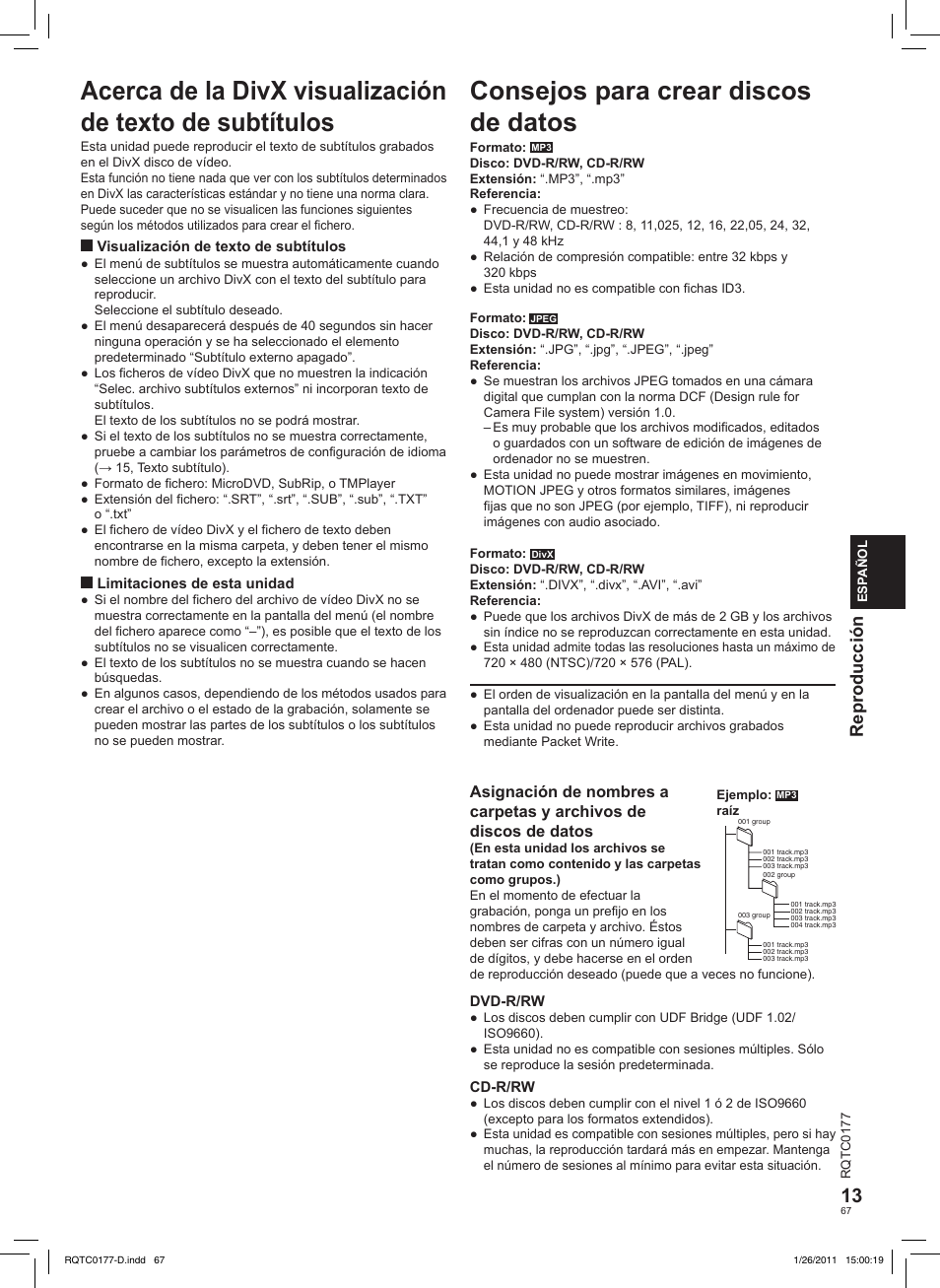 Consejos para crear discos de datos, Reproducción | Panasonic DVDLS92EG User Manual | Page 67 / 112