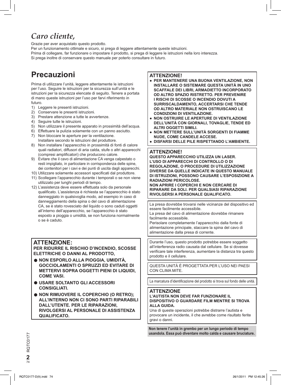 Caro cliente, Precauzioni, Attenzione | Panasonic DVDLS92EG User Manual | Page 74 / 112