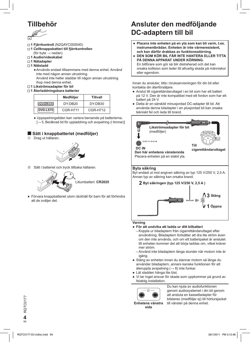 Tillbehör, Ansluter den medföljande dc-adaptern till bil | Panasonic DVDLS92EG User Manual | Page 94 / 112