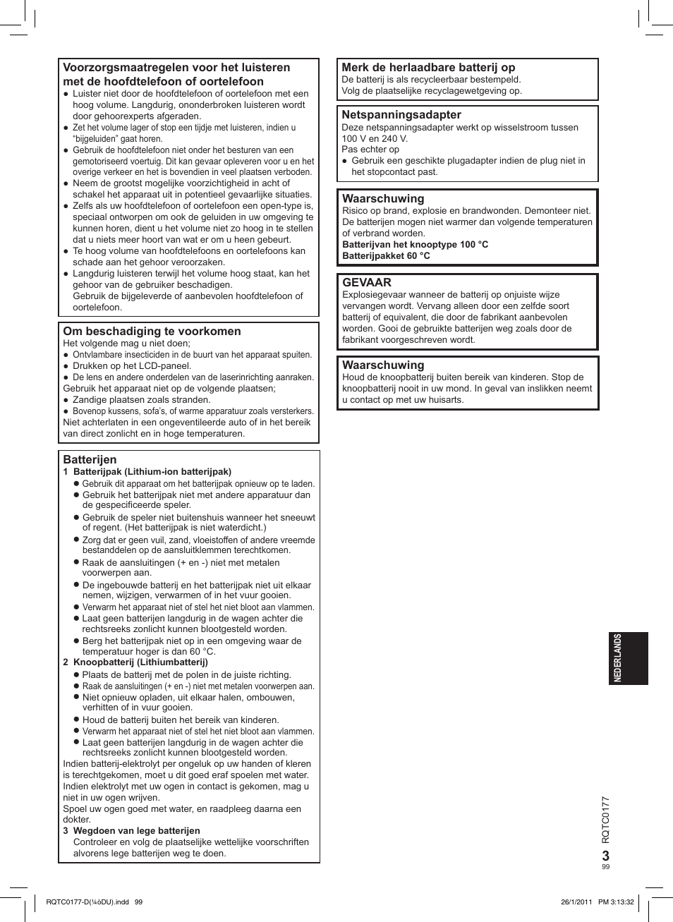 Merk de herlaadbare batterij op, Netspanningsadapter, Waarschuwing | Gevaar, Om beschadiging te voorkomen, Batterijen | Panasonic DVDLS92EG User Manual | Page 99 / 112