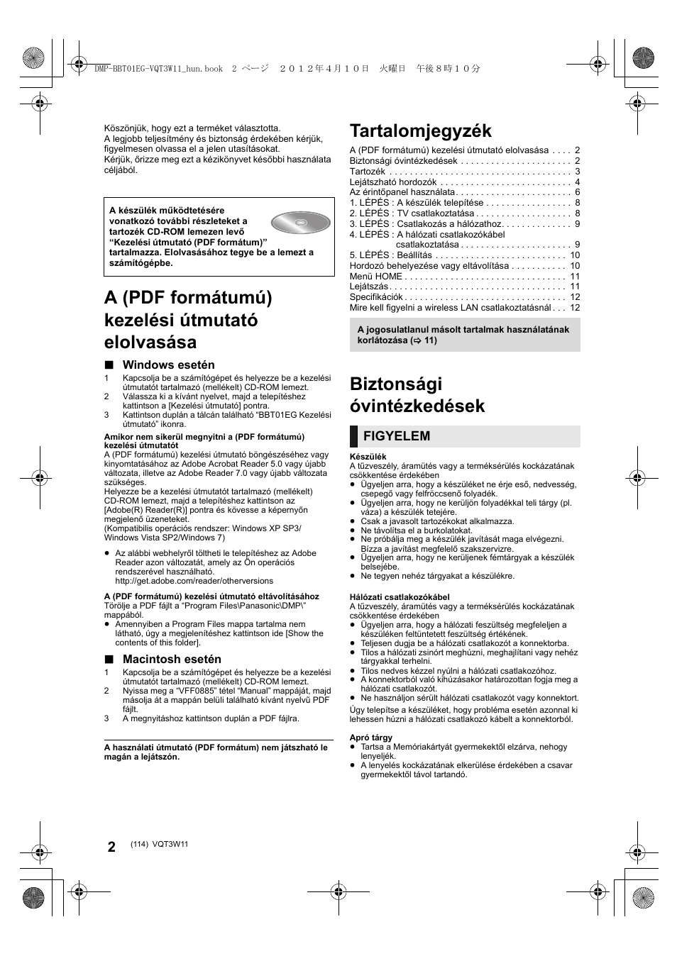 Tartalomjegyzék, A (pdf formátumú) kezelési útmutató elolvasása, Biztonsági óvintézkedések | Figyelem, Windows esetén, Macintosh esetén | Panasonic DMPBBT01EG User Manual | Page 114 / 156