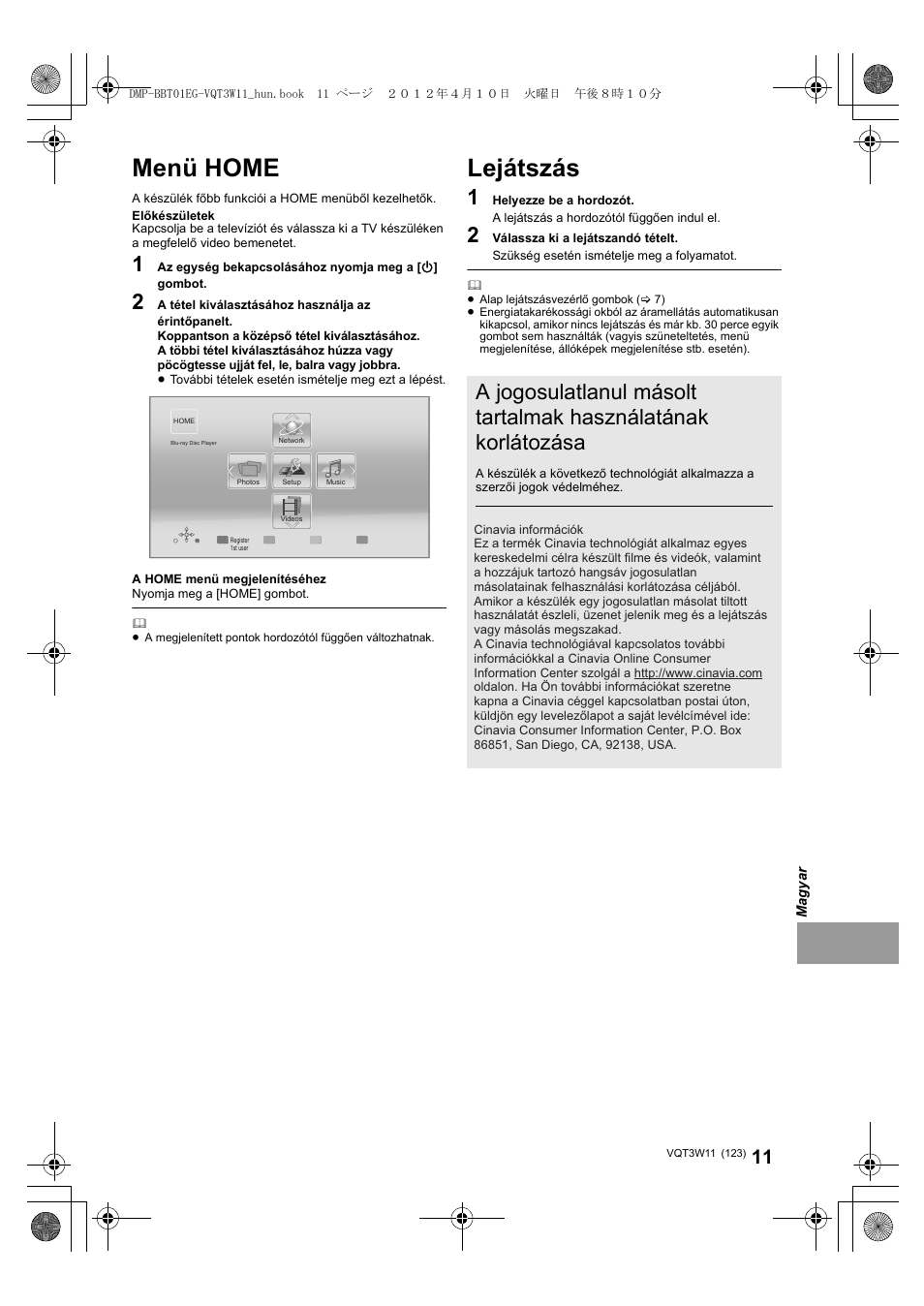 Menü home, Lejátszás | Panasonic DMPBBT01EG User Manual | Page 123 / 156