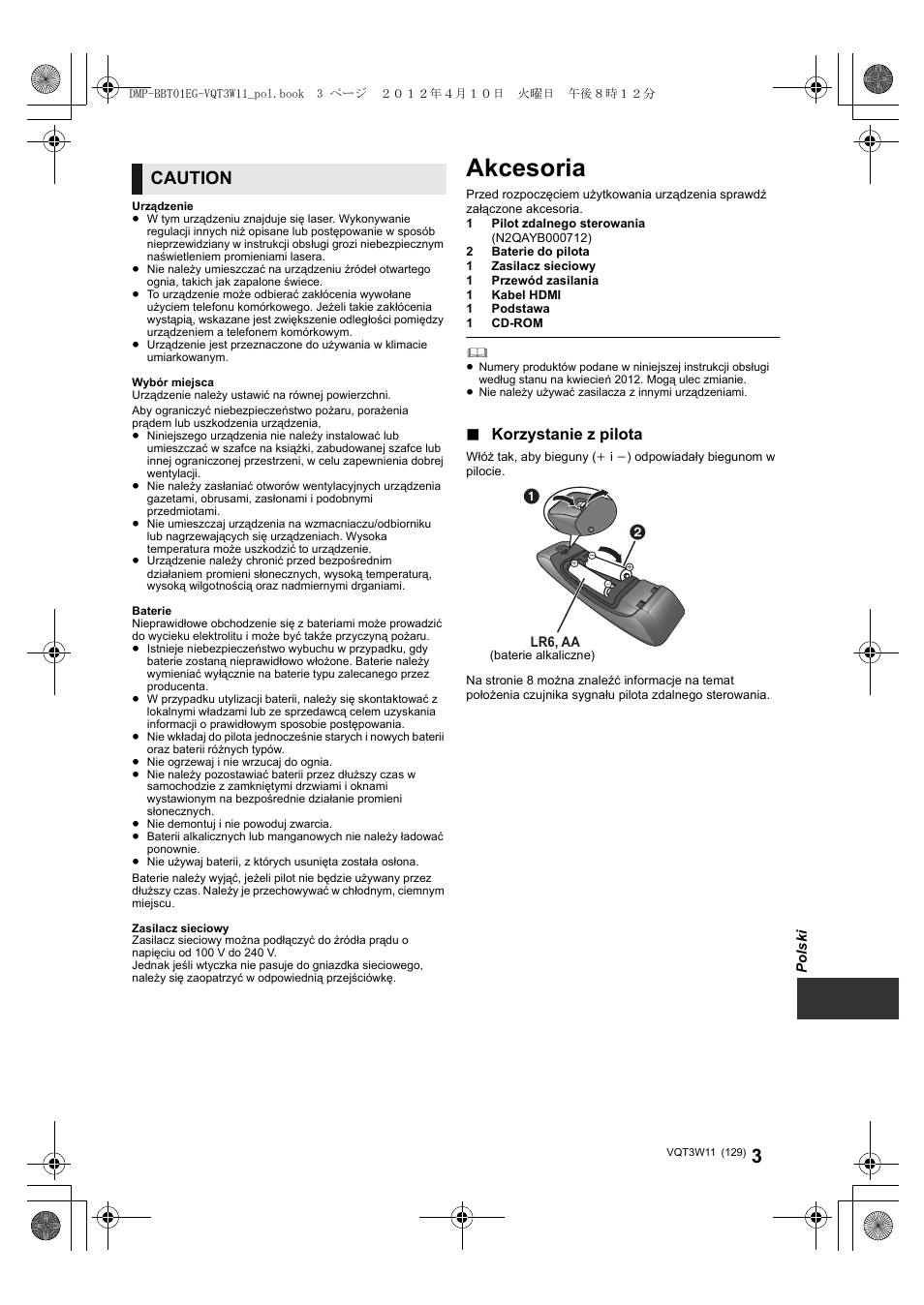 Akcesoria, Caution, Korzystanie z pilota | Panasonic DMPBBT01EG User Manual | Page 129 / 156