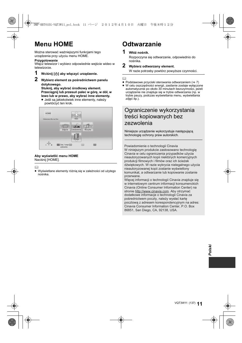 Menu home, Odtwarzanie | Panasonic DMPBBT01EG User Manual | Page 137 / 156