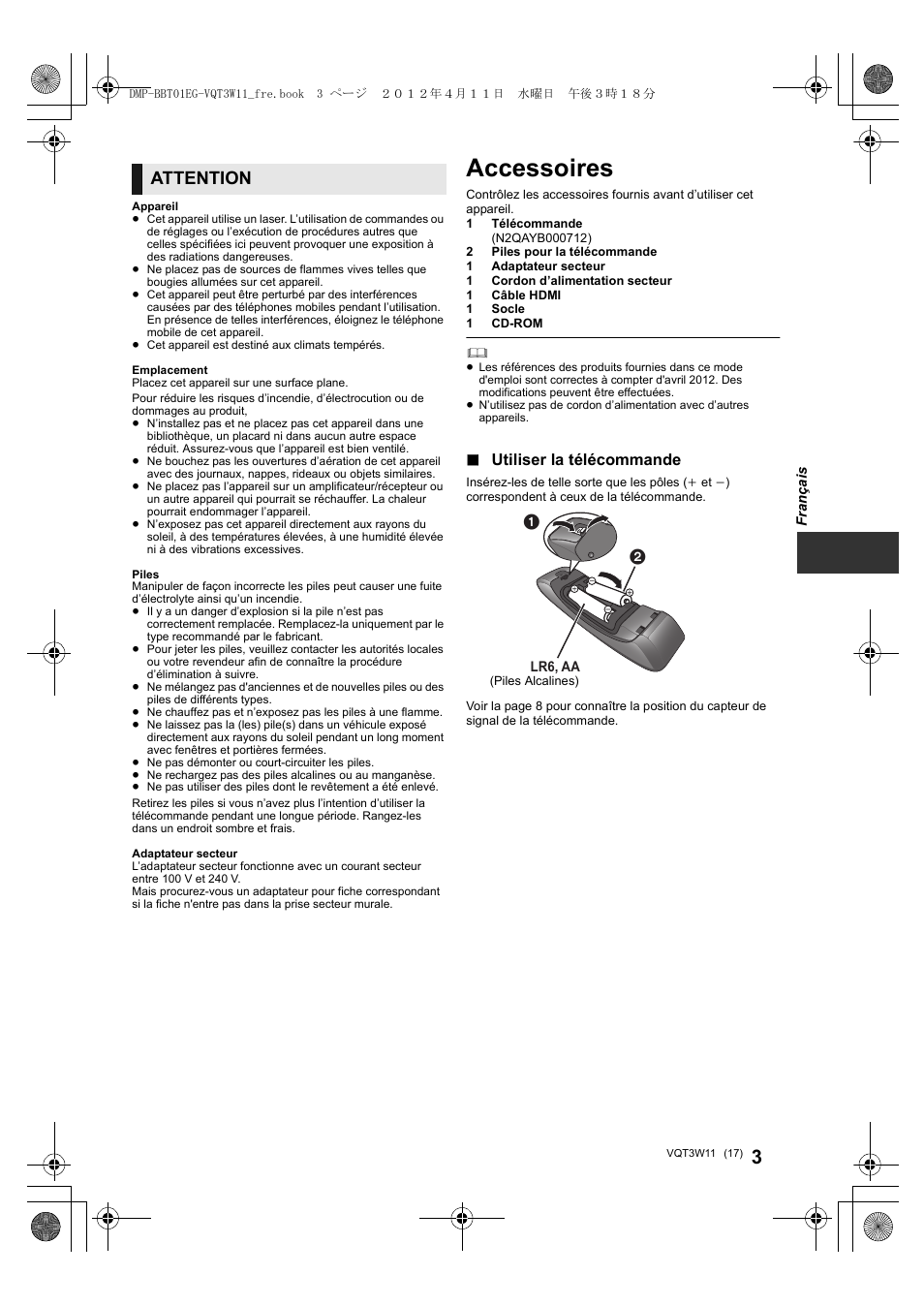 Accessoires, Attention, Utiliser la télécommande | Panasonic DMPBBT01EG User Manual | Page 17 / 156