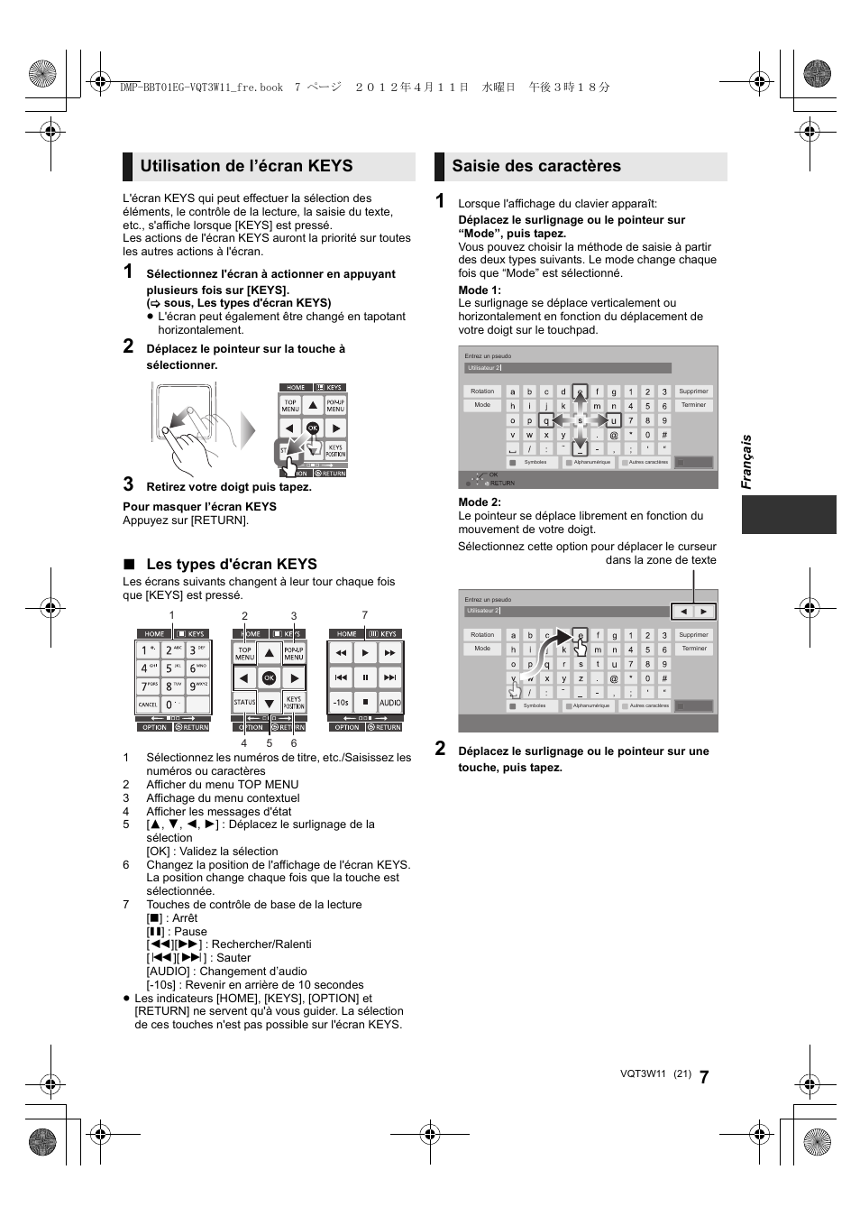 Utilisation de l’écran keys, Saisie des caractères, Les types d'écran keys | Panasonic DMPBBT01EG User Manual | Page 21 / 156