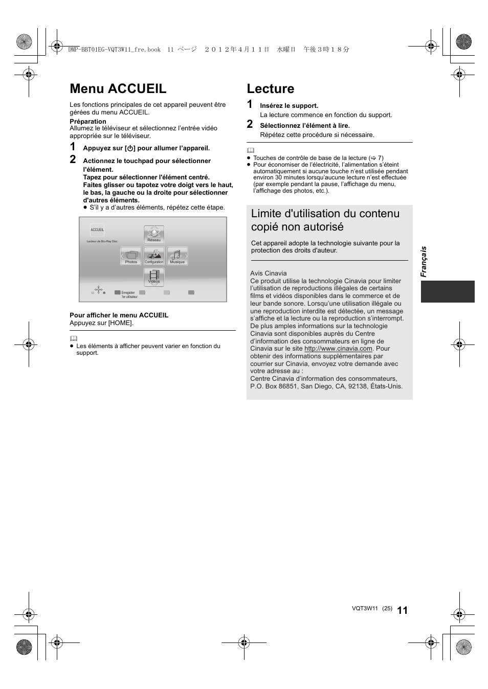 Menu accueil, Lecture, Limite d'utilisation du contenu copié non autorisé | Panasonic DMPBBT01EG User Manual | Page 25 / 156